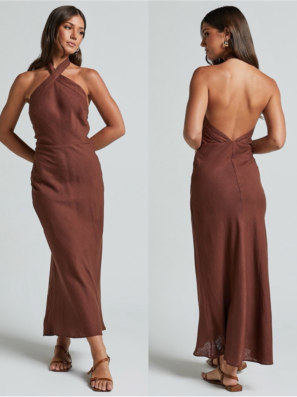 SHOWPO Maelynn Linen Twist Halter Neck Low Back Slip Dress In Chocolate
